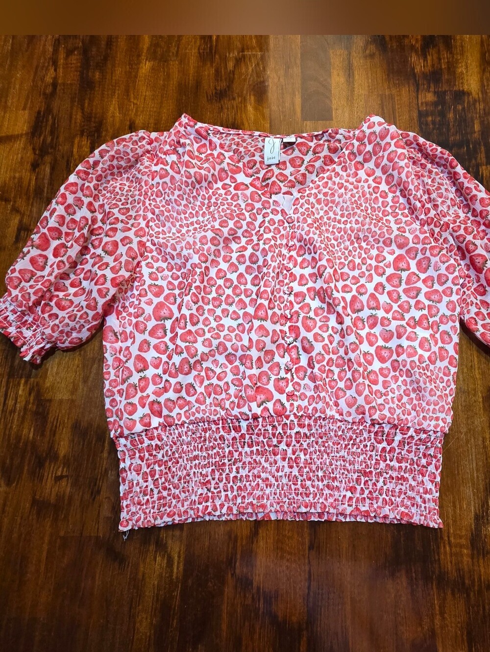 Joie Strawberry Pattern Chiffon Pleasent Top SZ S Cottegecore Summy Short Sleeve